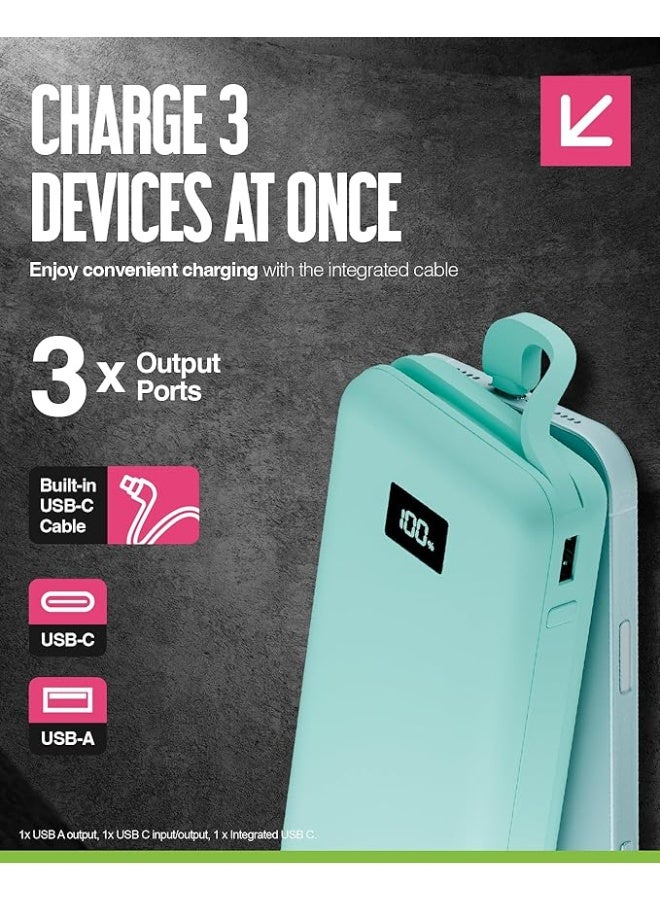 جوس بنك الطاقة Juice Eco المدمج Max Power Bank 20000mAh - شاحن محمول مع كابل USB-C مدمج، مخرج سريع 20 واط، شاشة رقمية، بنك الطاقة لأجهزة iPhone 15 16، Samsung، Android، GoPro، iPad - أزرق مخضر - Image 5